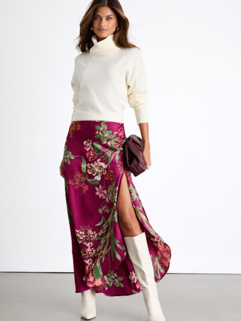 Lulus Superbly Stunning Fuchsia Floral Print Satin Maxi Skirt Pink - Size S